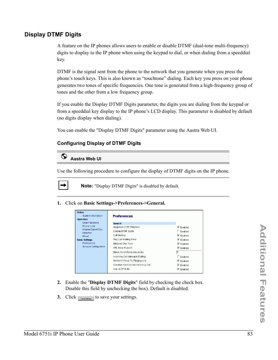 Display dtmf digits, Configuring display of dtmf digits, Additional features | Aastra Telecom 6751I User Manual | Page 91 / 128