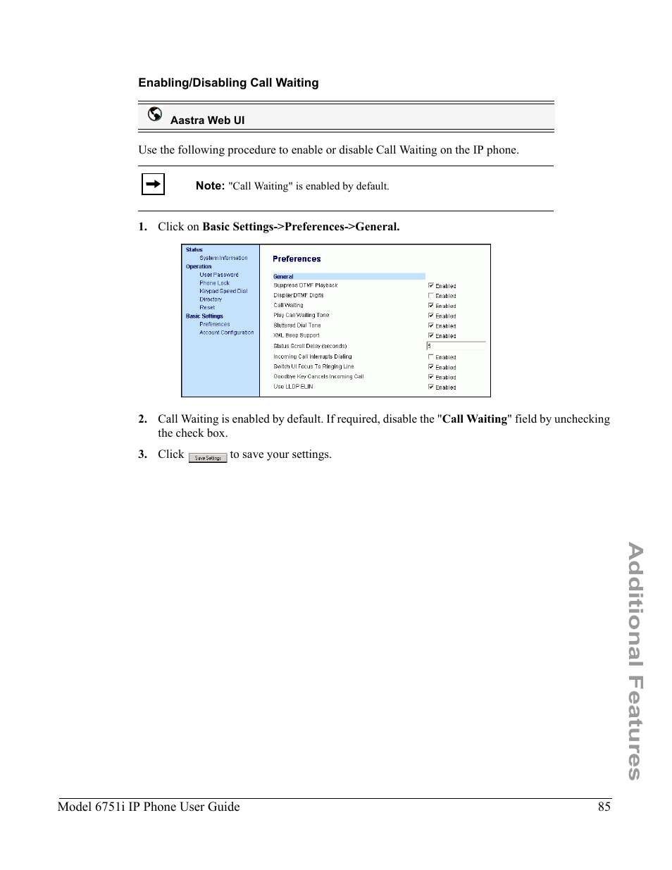 Enabling/disabling call waiting, Additional features | Aastra Telecom 6751I User Manual | Page 93 / 128