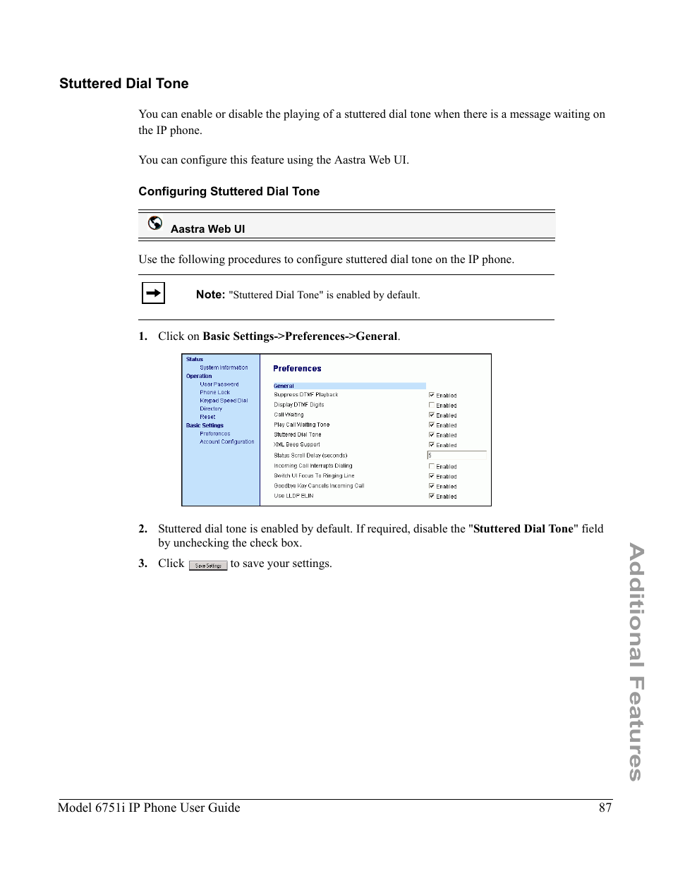 Stuttered dial tone, Configuring stuttered dial tone, Additional features | Aastra Telecom 6751I User Manual | Page 95 / 128