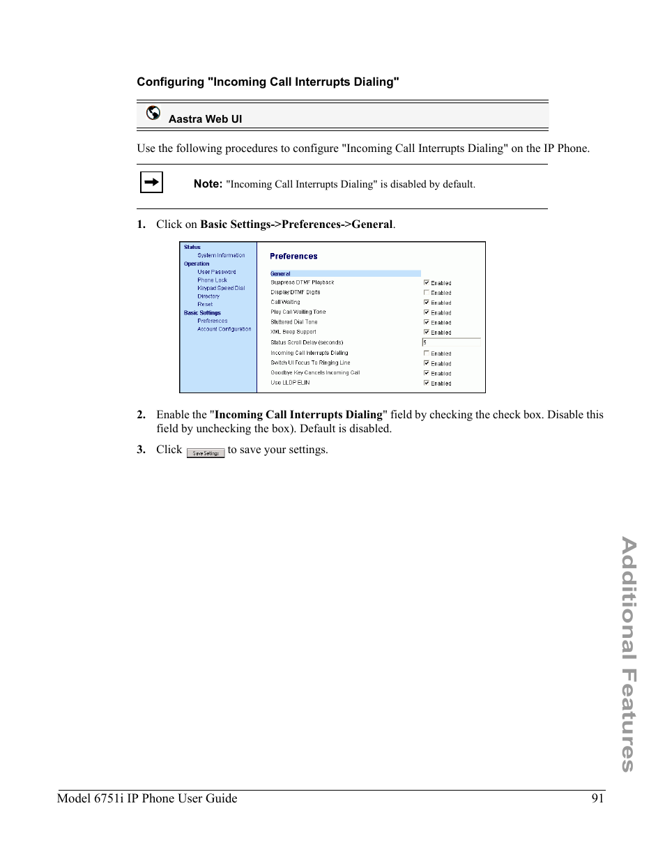 Configuring "incoming call interrupts dialing, Additional features | Aastra Telecom 6751I User Manual | Page 99 / 128