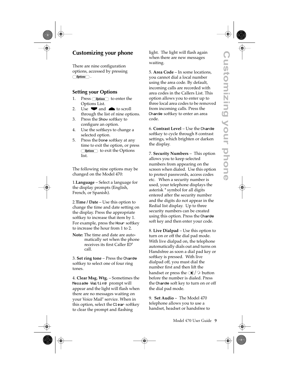 Customizing your phone, Setting your options | Aastra Telecom 470 User Manual | Page 11 / 27