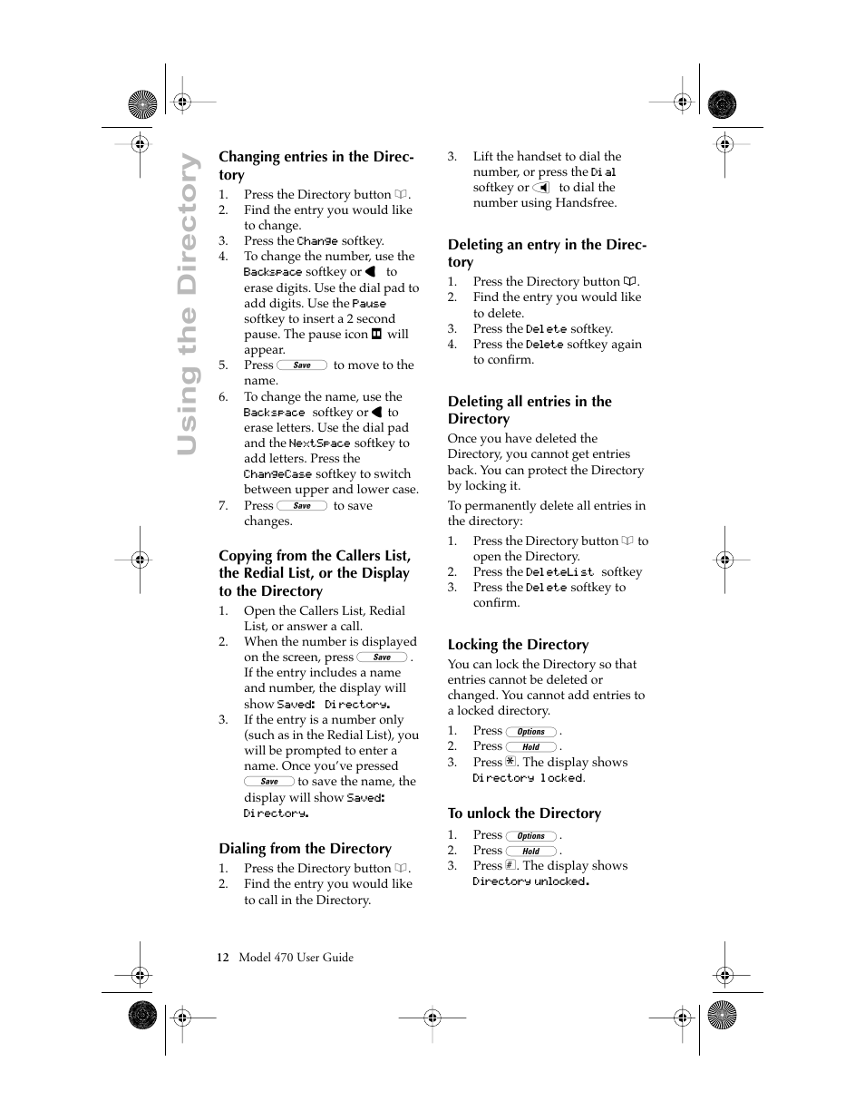 Changing entries in the directory, Dialing from the directory, Deleting an entry in the direc- tory | Deleting all entries in the directory, Locking the directory, Using the directory | Aastra Telecom 470 User Manual | Page 14 / 27