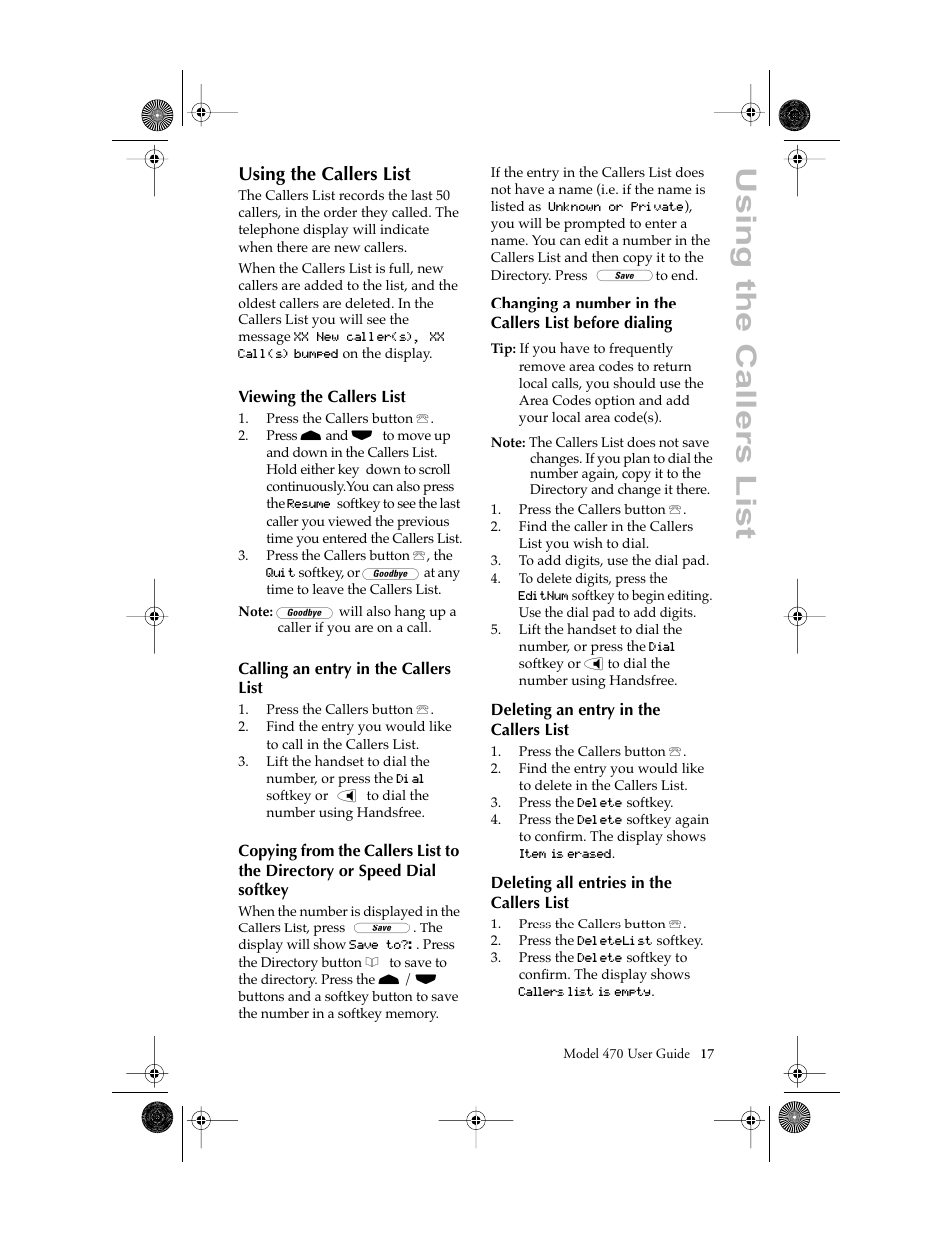 Using the callers list, Viewing the callers list, Calling an entry in the callers list | Deleting an entry in the callers list, Deleting all entries in the callers list | Aastra Telecom 470 User Manual | Page 19 / 27