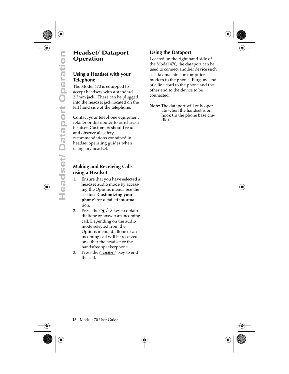 Headset/ dataport operation, Using a headset with your telephone, Making and receiving calls using a headset | Using the dataport | Aastra Telecom 470 User Manual | Page 20 / 27