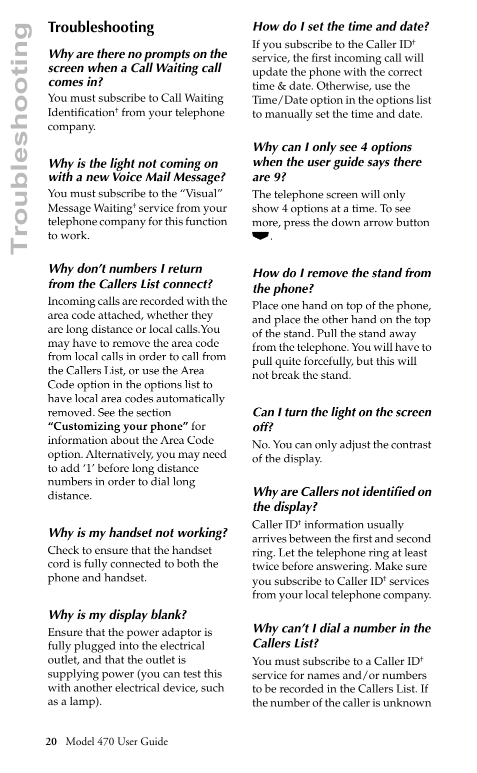 Troubleshooting | Aastra Telecom 470 User Manual | Page 22 / 27