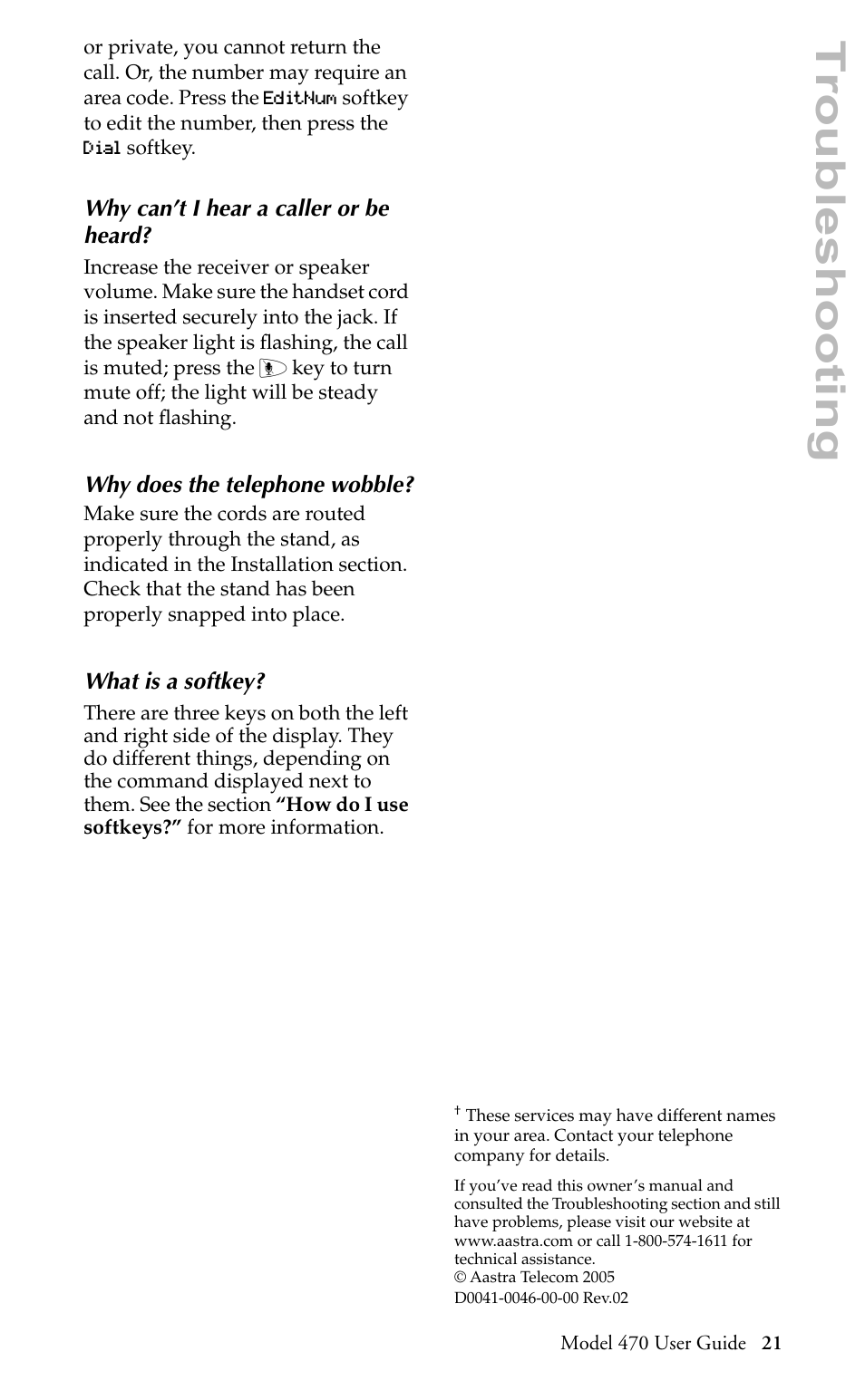 Troubleshooting | Aastra Telecom 470 User Manual | Page 23 / 27