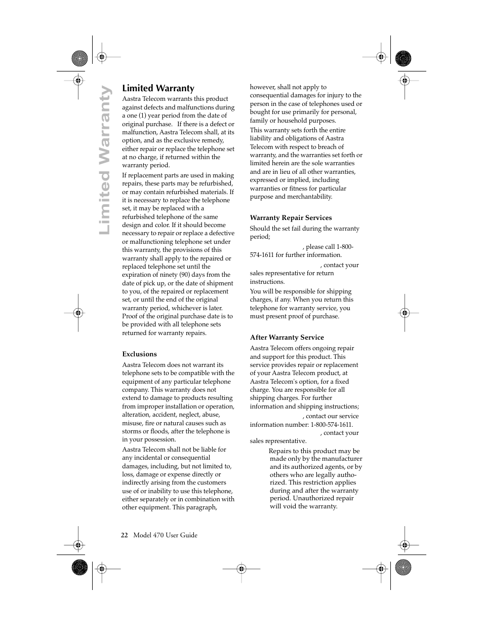 Limited warranty | Aastra Telecom 470 User Manual | Page 24 / 27