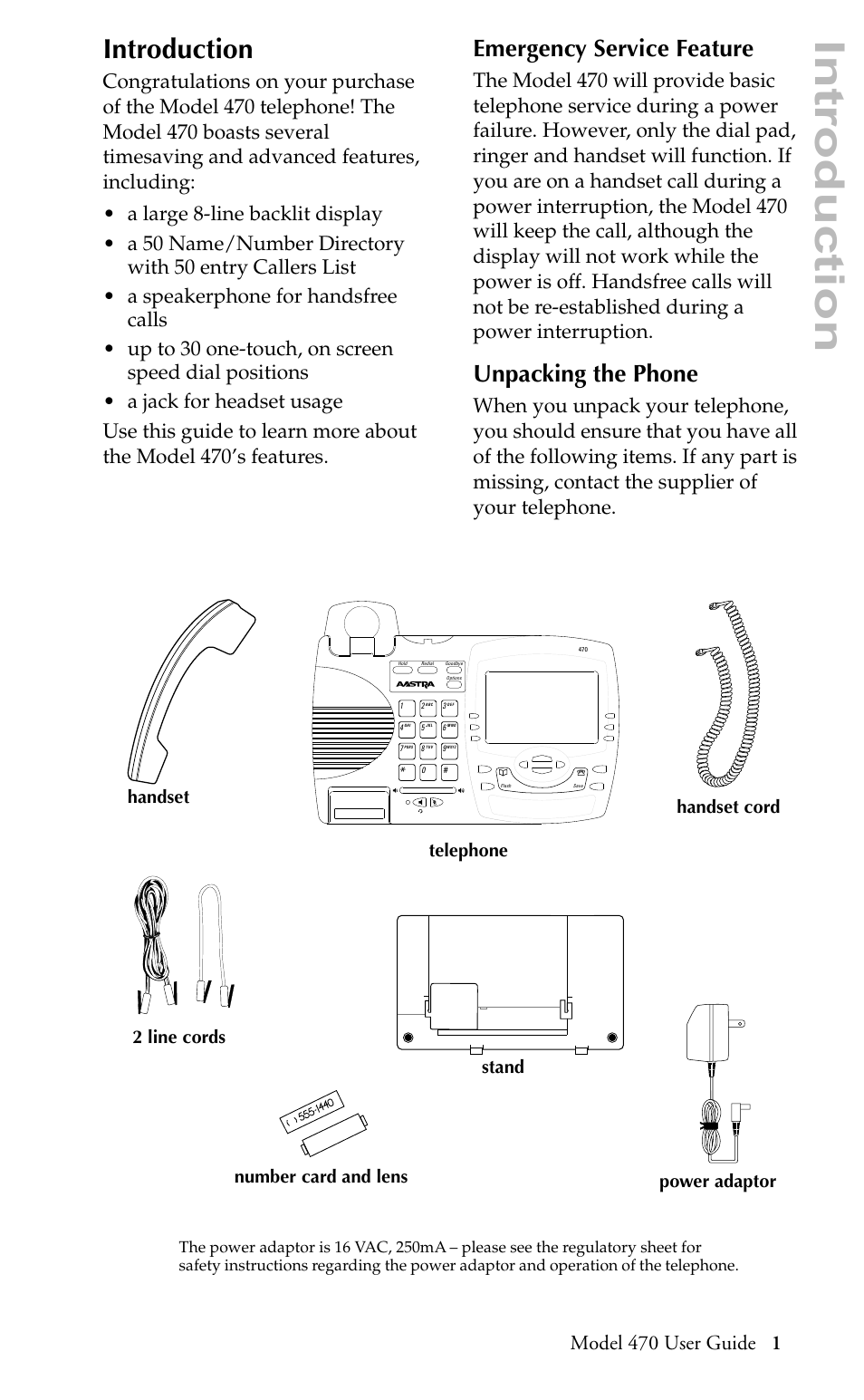 Introduction, Emergency service feature, Unpacking the phone | Aastra Telecom 470 User Manual | Page 3 / 27