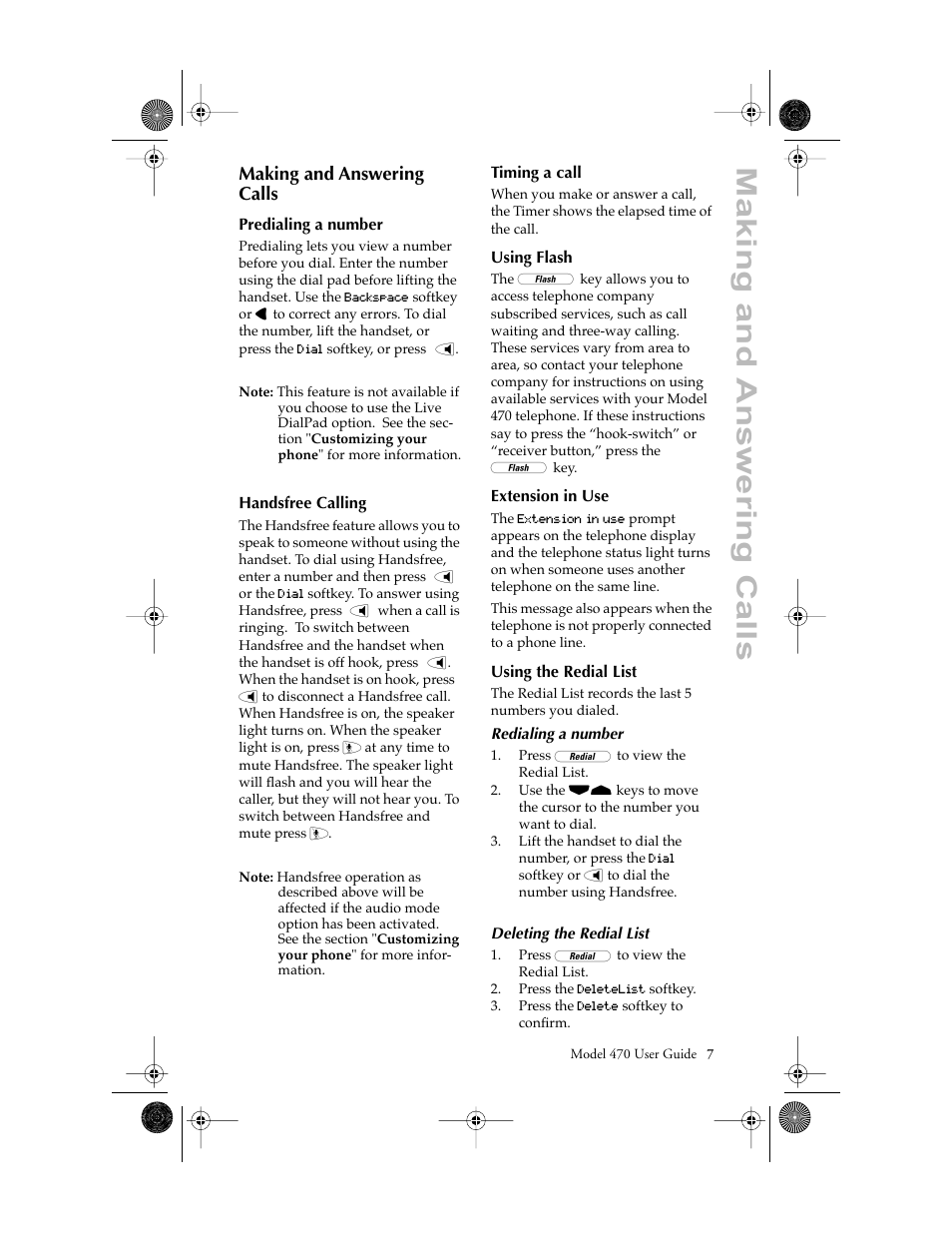 Making and answering calls, Predialing a number, Handsfree calling | Timing a call, Using flash, Extension in use, Using the redial list | Aastra Telecom 470 User Manual | Page 9 / 27