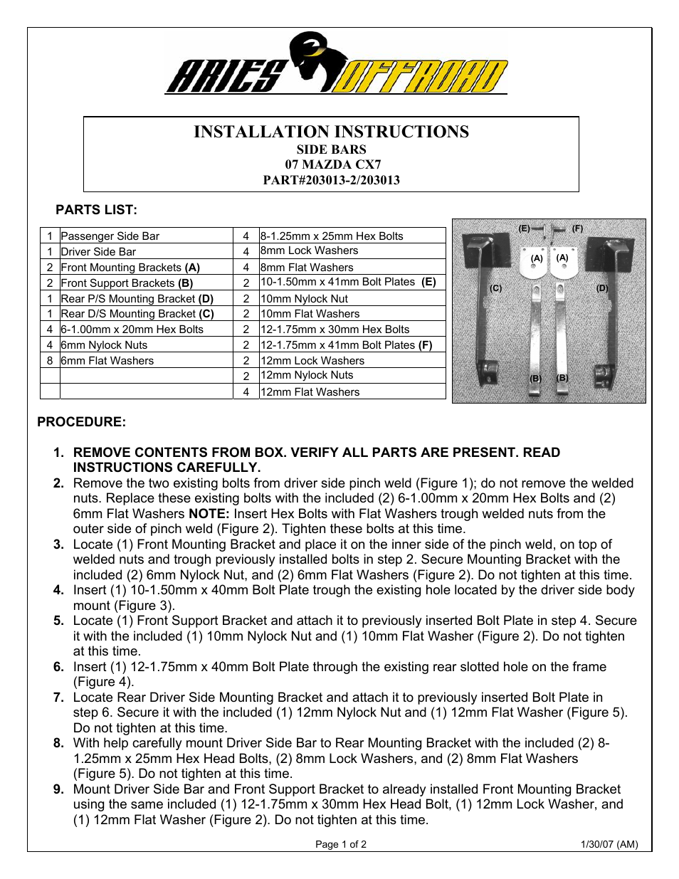 Aries Automotive 203013-2 User Manual | 2 pages