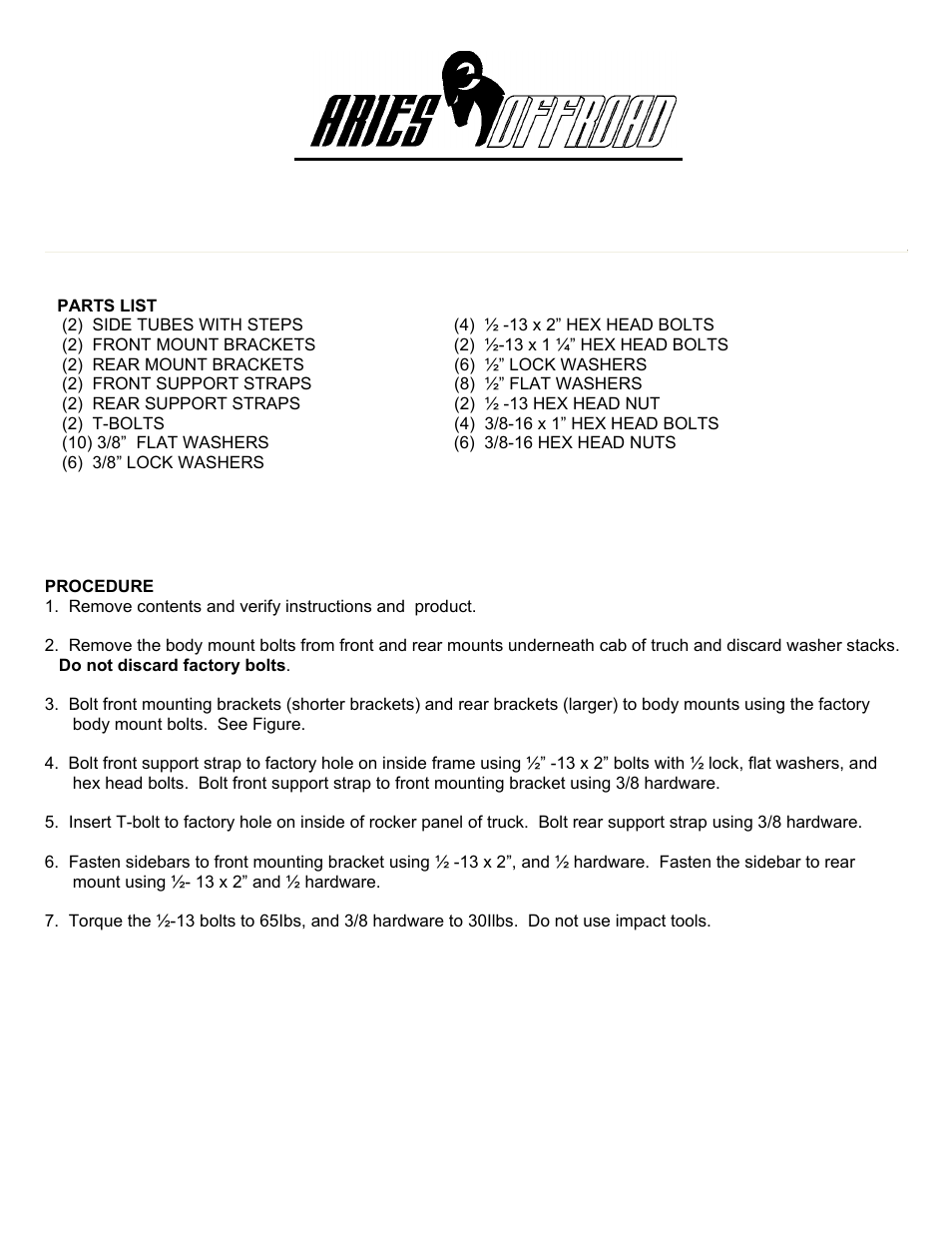 Aries Automotive 209009-2 User Manual | 2 pages