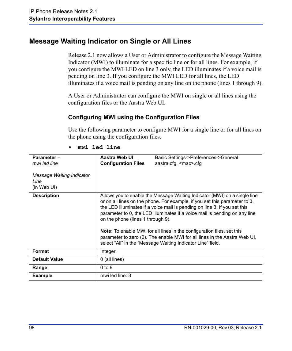 Message waiting indicator on single or all lines, Configuring mwi using the configuration files | Aastra Telecom 53I User Manual | Page 104 / 124