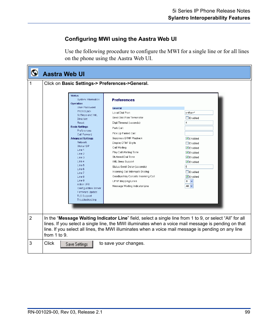 Configuring mwi using the aastra web ui, Aastra web ui | Aastra Telecom 53I User Manual | Page 105 / 124