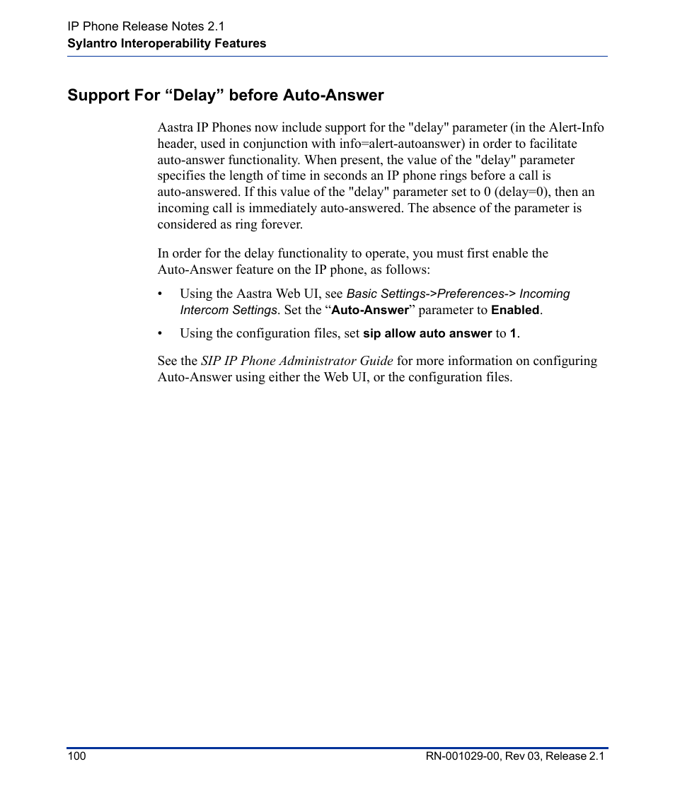 Support for “delay” before auto-answer | Aastra Telecom 53I User Manual | Page 106 / 124