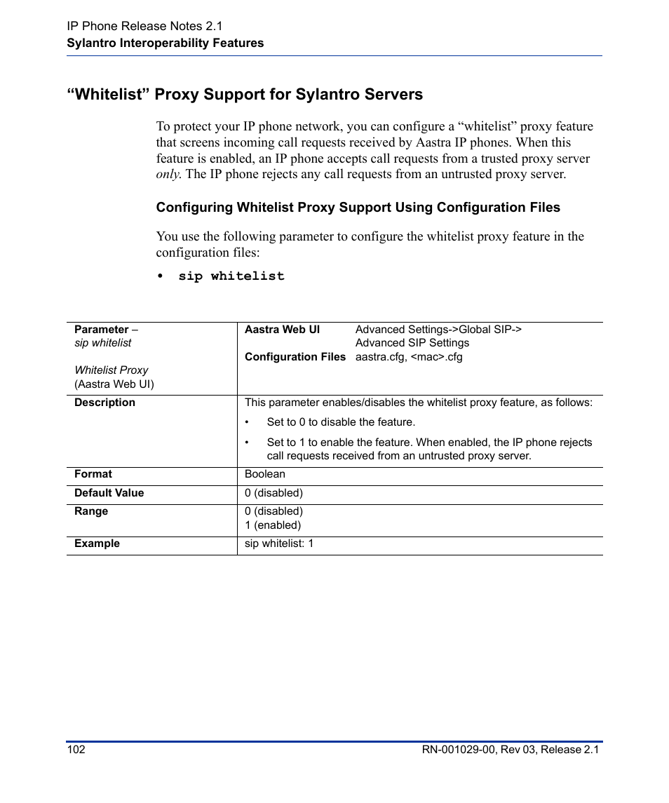 Whitelist” proxy support for sylantro servers | Aastra Telecom 53I User Manual | Page 108 / 124