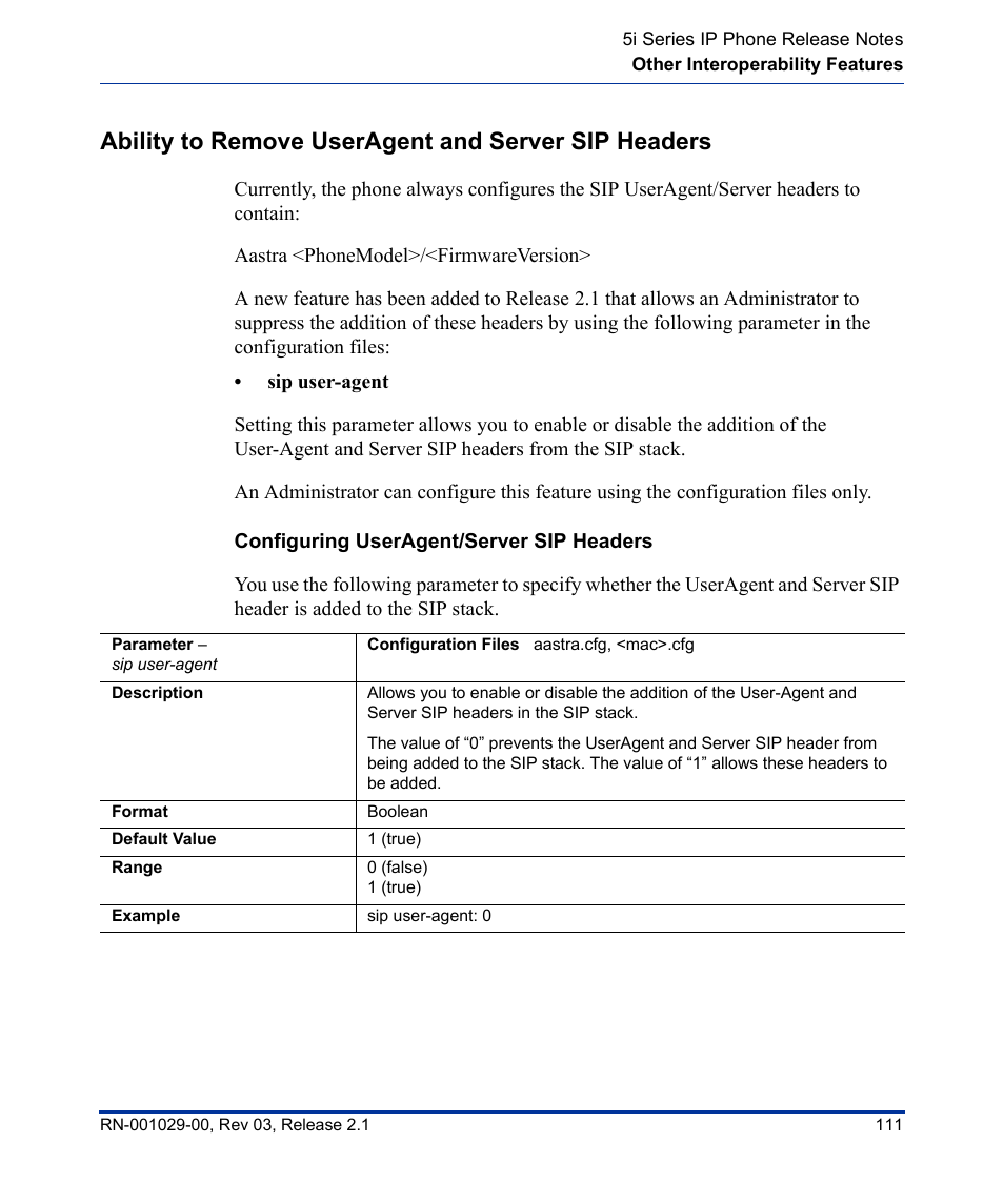 Ability to remove useragent and server sip headers, Configuring useragent/server sip headers | Aastra Telecom 53I User Manual | Page 117 / 124