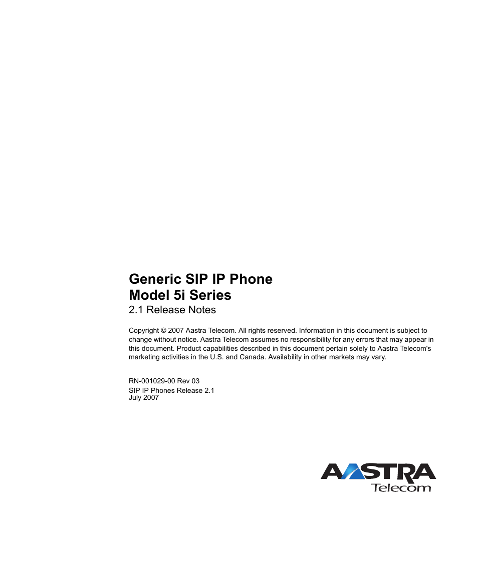 Generic sip ip phone model 5i series | Aastra Telecom 53I User Manual | Page 124 / 124