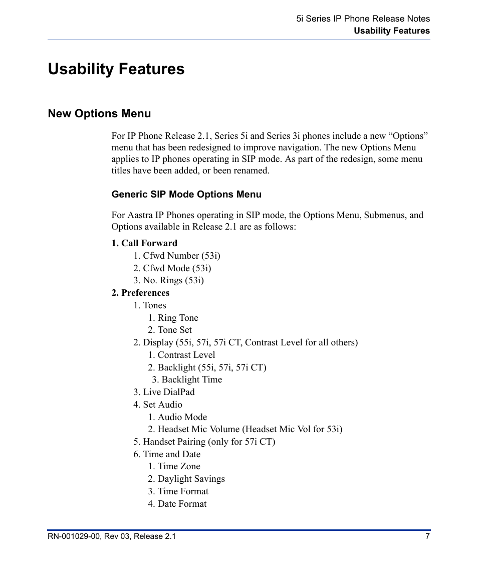 Usability features, New options menu, Generic sip mode options menu | Aastra Telecom 53I User Manual | Page 13 / 124