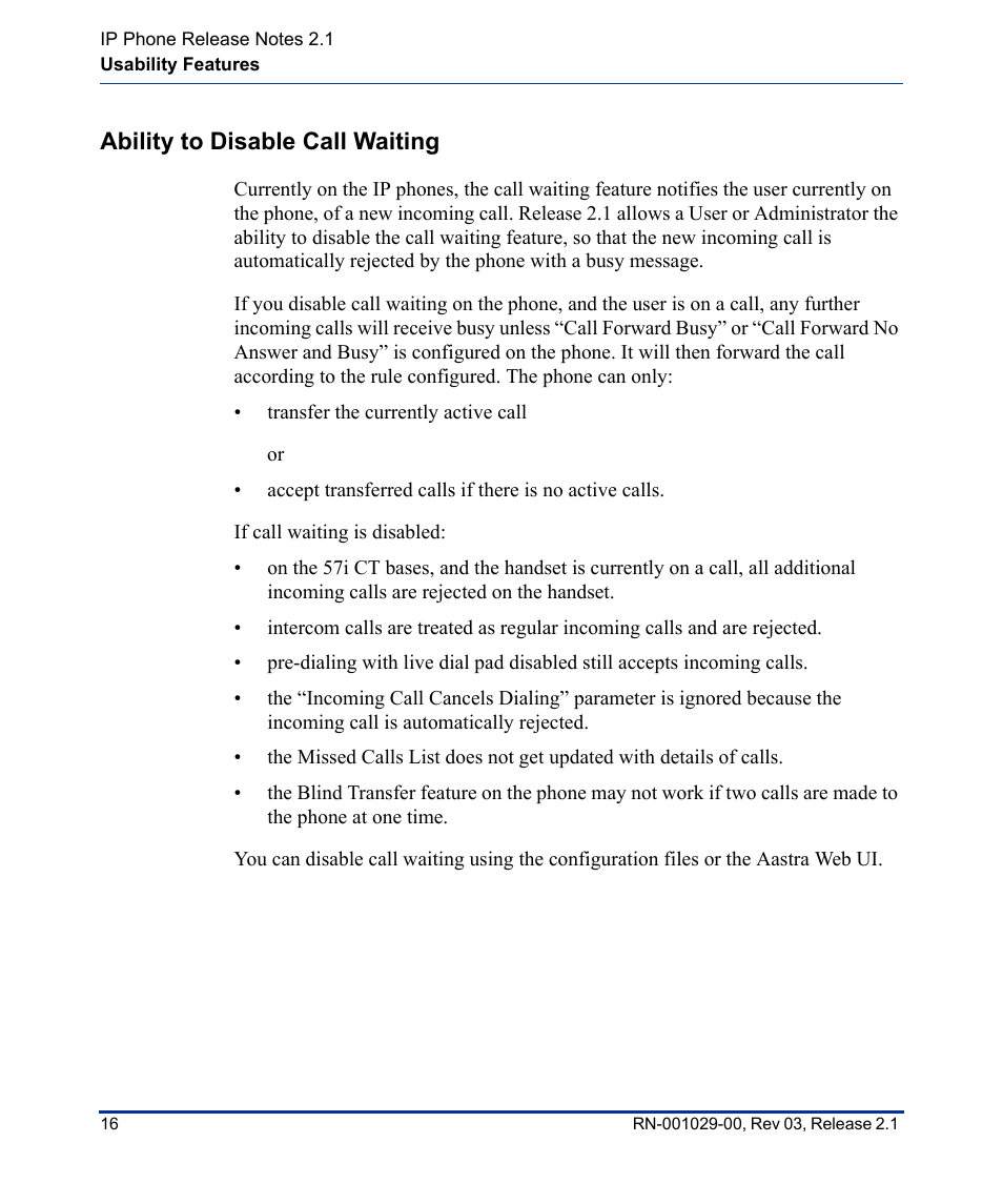 Ability to disable call waiting | Aastra Telecom 53I User Manual | Page 22 / 124