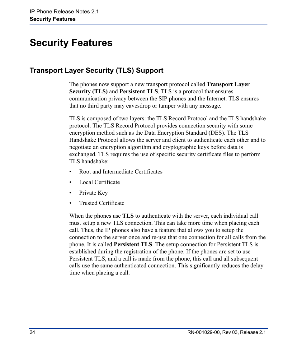 Security features, Transport layer security (tls) support | Aastra Telecom 53I User Manual | Page 30 / 124