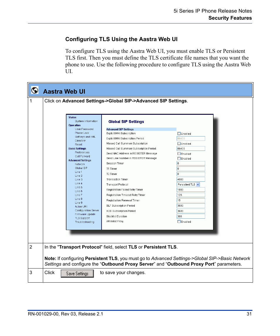 Configuring tls using the aastra web ui, Aastra web ui | Aastra Telecom 53I User Manual | Page 37 / 124