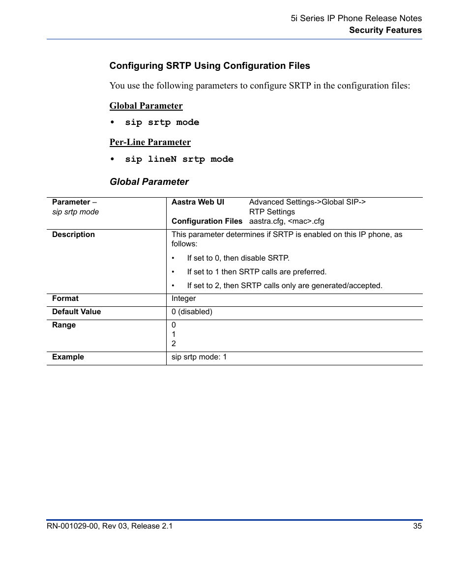Configuring srtp using configuration files | Aastra Telecom 53I User Manual | Page 41 / 124