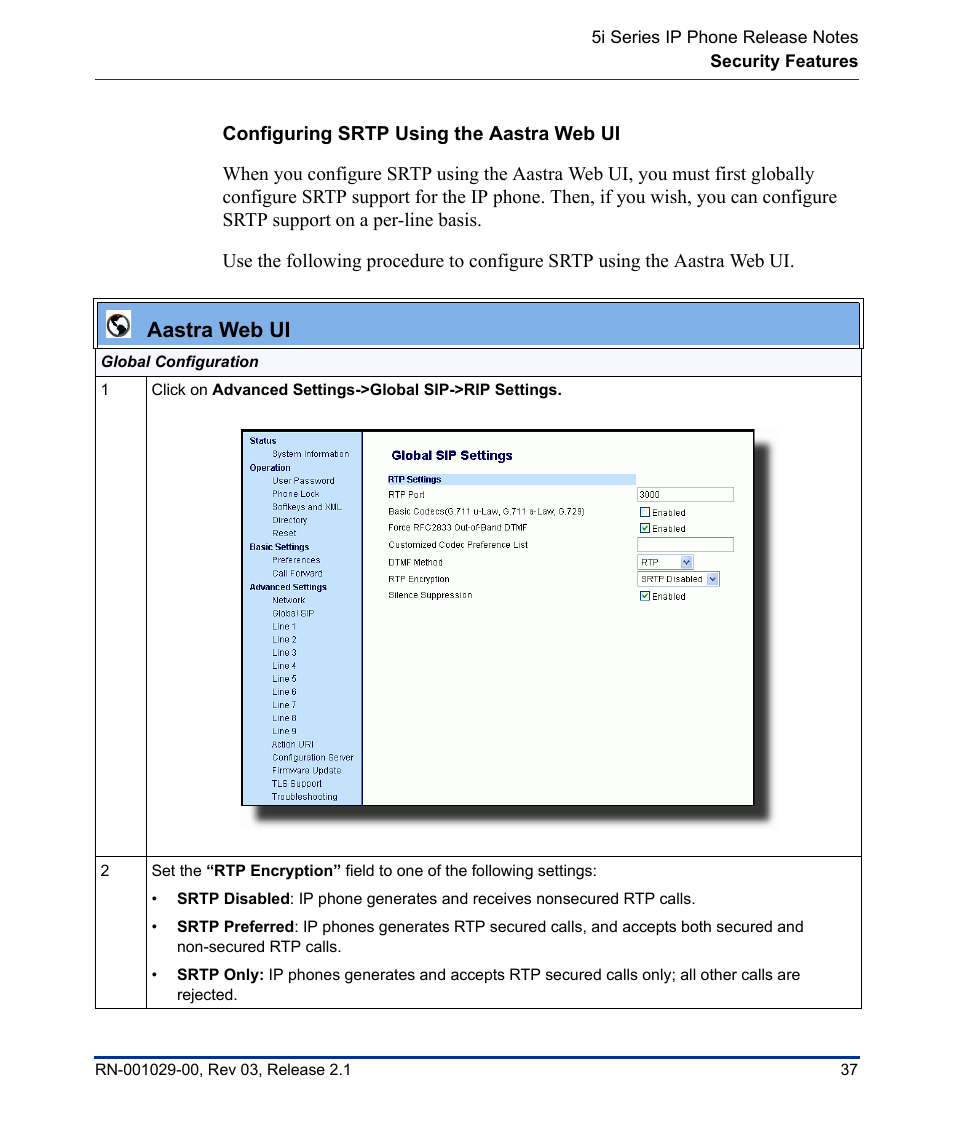 Configuring srtp using the aastra web ui, Aastra web ui | Aastra Telecom 53I User Manual | Page 43 / 124