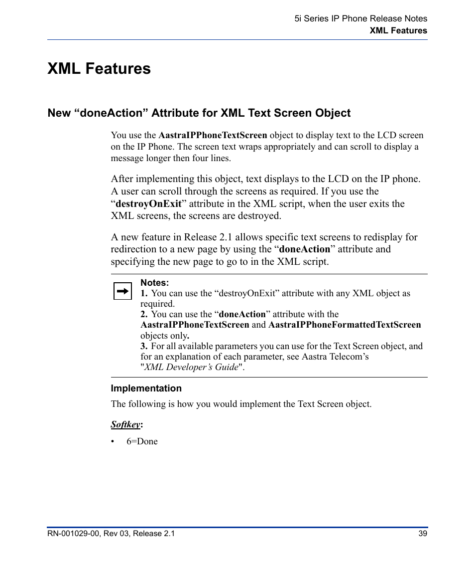 Xml features, Implementation | Aastra Telecom 53I User Manual | Page 45 / 124