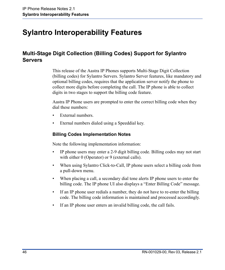 Sylantro interoperability features, Billing codes implementation notes | Aastra Telecom 53I User Manual | Page 52 / 124