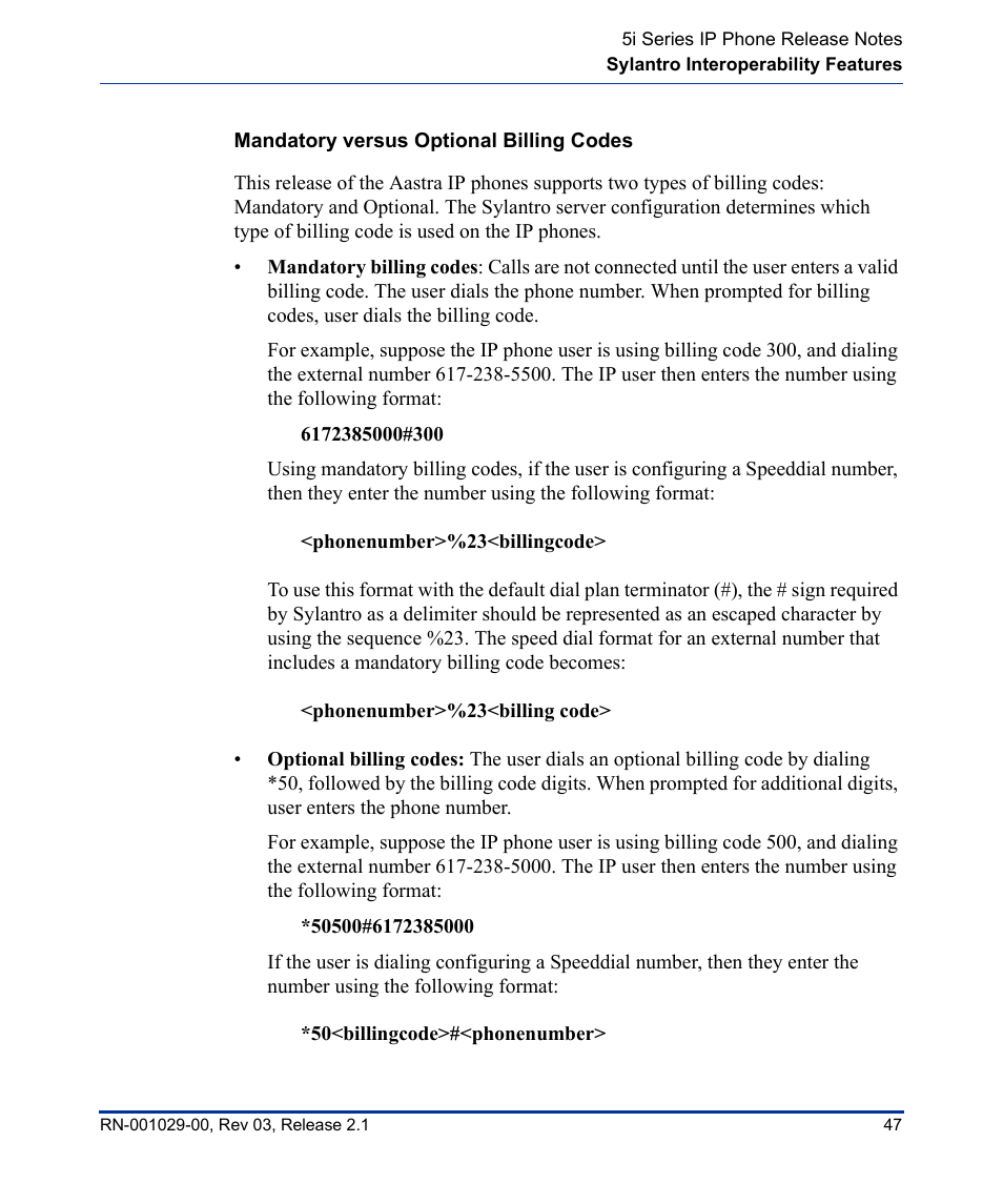Mandatory versus optional billing codes | Aastra Telecom 53I User Manual | Page 53 / 124