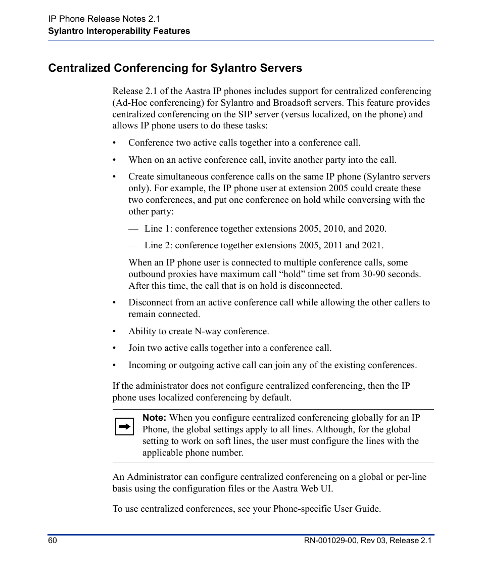 Centralized conferencing for sylantro servers | Aastra Telecom 53I User Manual | Page 66 / 124