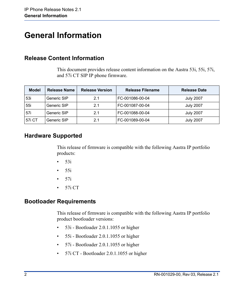 General information, Release content information, Hardware supported | Bootloader requirements | Aastra Telecom 53I User Manual | Page 8 / 124