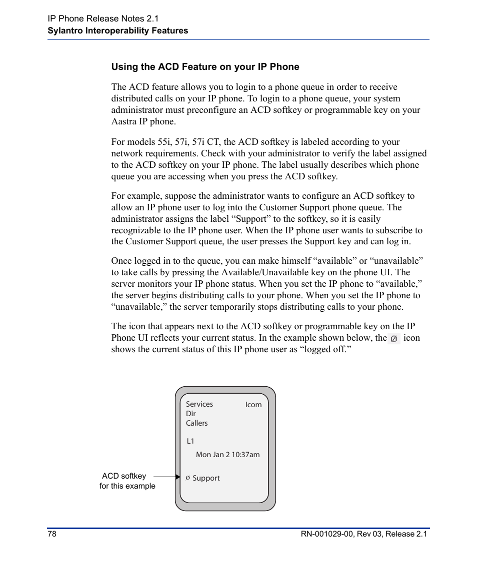 Using the acd feature on your ip phone | Aastra Telecom 53I User Manual | Page 84 / 124