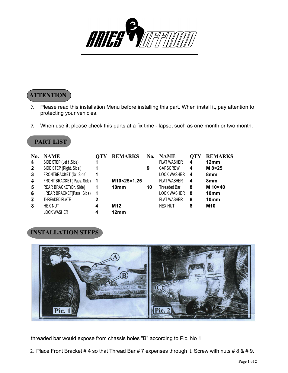 Aries Automotive 200008-2 User Manual | 2 pages