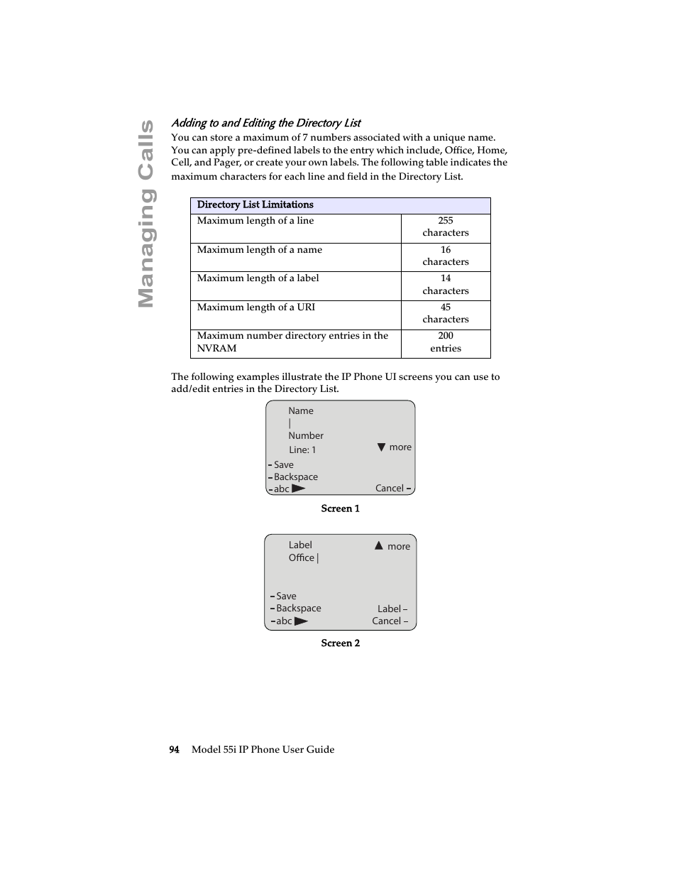 Adding to and editing the directory list, Managing calls | Aastra Telecom 55i IP Phone User Manual | Page 100 / 152