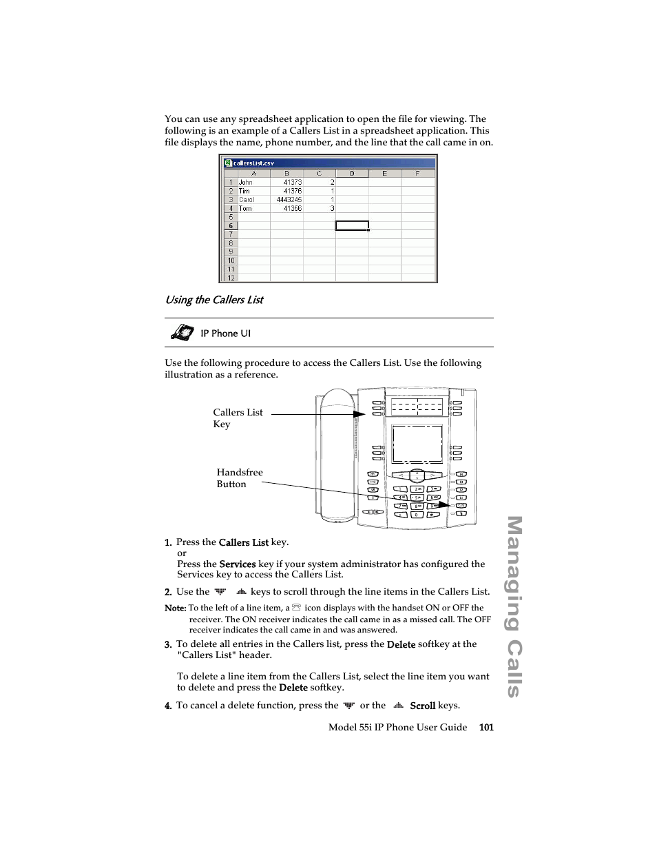 Using the callers list, Managing calls | Aastra Telecom 55i IP Phone User Manual | Page 107 / 152