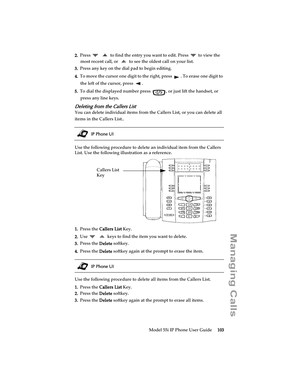 Deleting from the callers list, Managing calls | Aastra Telecom 55i IP Phone User Manual | Page 109 / 152