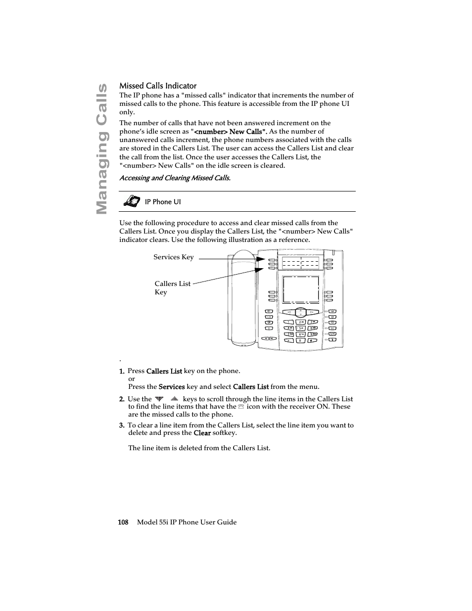 Missed calls indicator, Managing calls | Aastra Telecom 55i IP Phone User Manual | Page 114 / 152