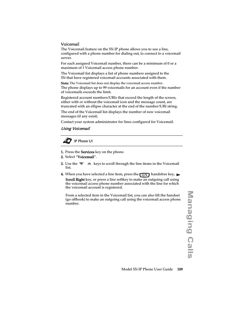 Voicemail, Using voicemail, Managing calls | Aastra Telecom 55i IP Phone User Manual | Page 115 / 152