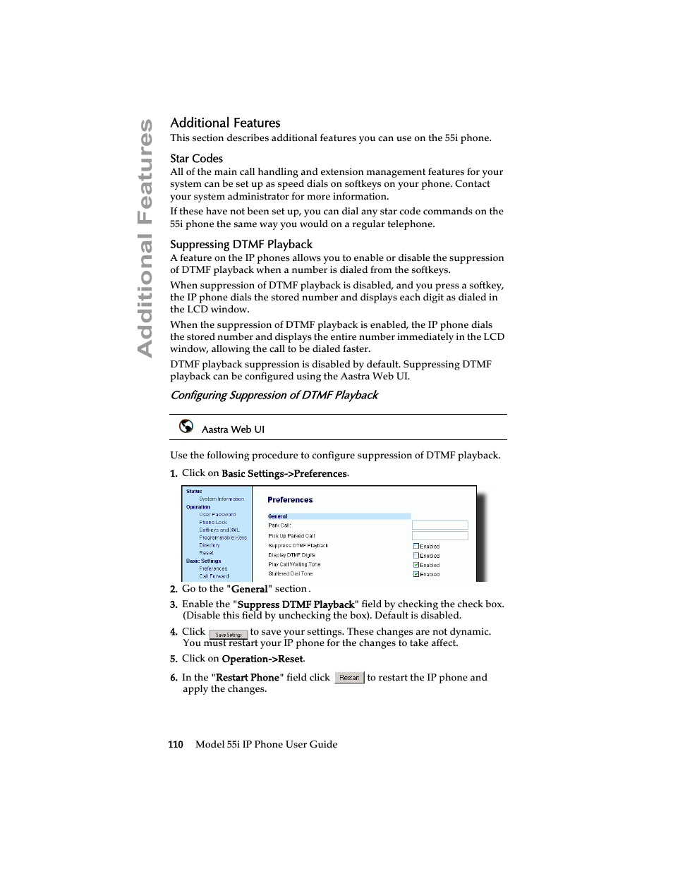Additional features, Star codes, Suppressing dtmf playback | Configuring suppression of dtmf playback, Suppressing dtmf, Playback | Aastra Telecom 55i IP Phone User Manual | Page 116 / 152