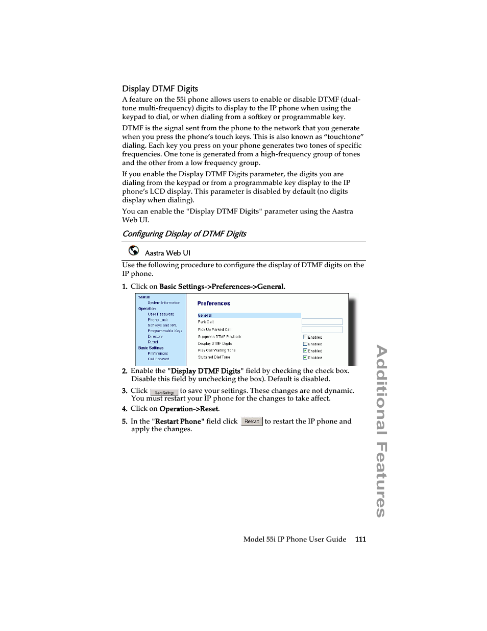 Display dtmf digits, Configuring display of dtmf digits, Additional features | Aastra Telecom 55i IP Phone User Manual | Page 117 / 152