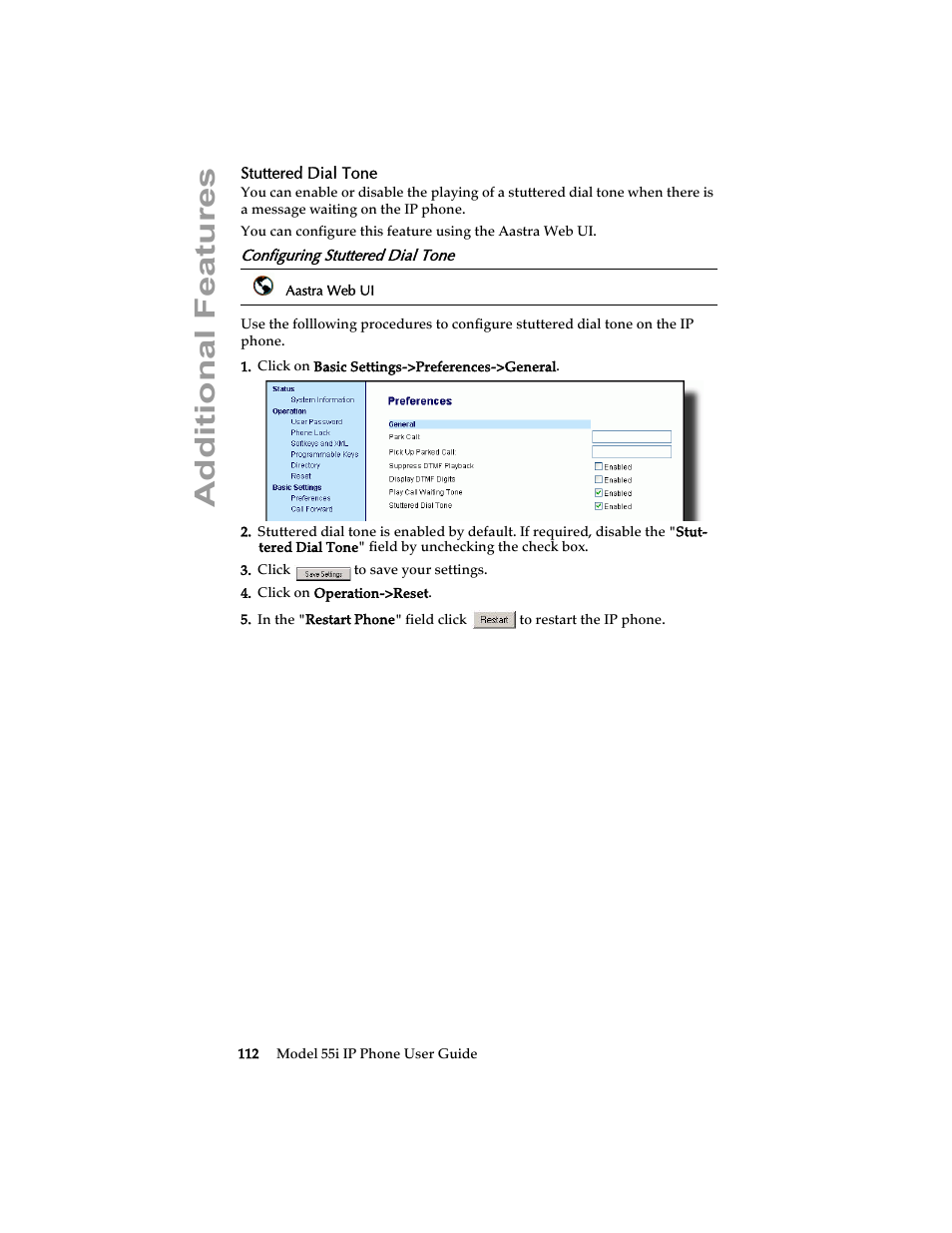 Stuttered dial tone, Configuring stuttered dial tone, Additional features | Aastra Telecom 55i IP Phone User Manual | Page 118 / 152