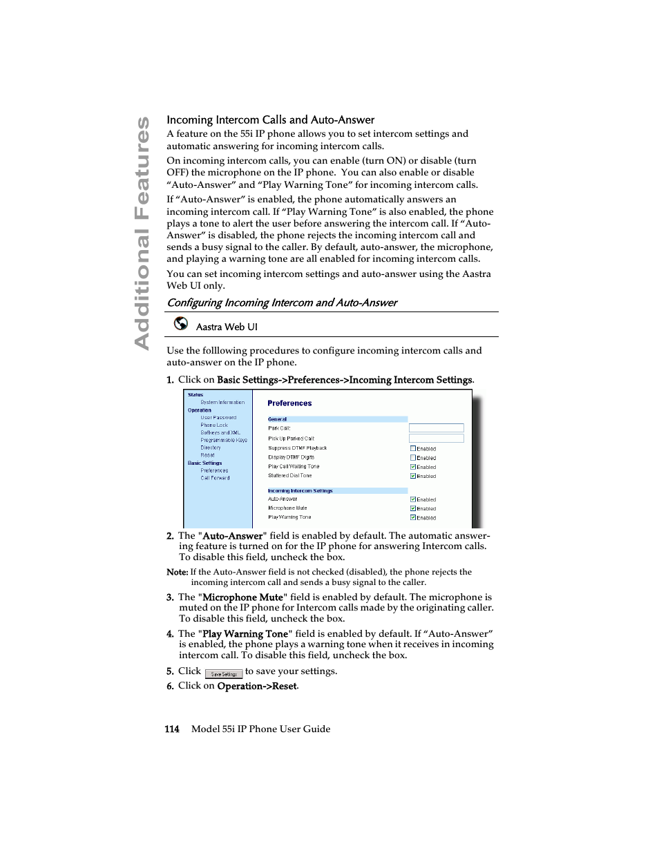 Incoming intercom calls and auto-answer, Configuring incoming intercom and auto-answer, Additional features | Aastra Telecom 55i IP Phone User Manual | Page 120 / 152