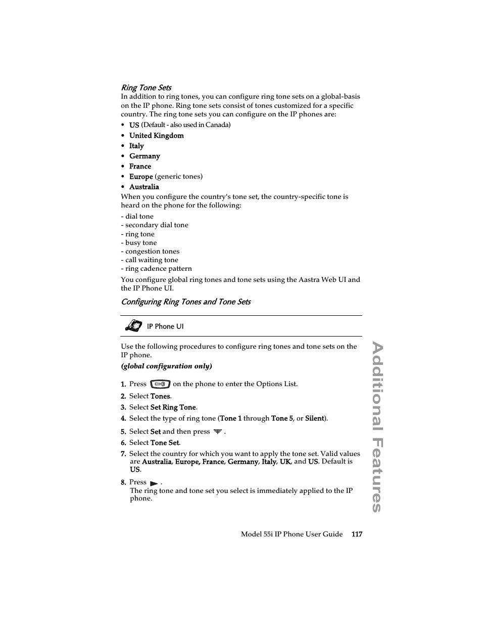 Ring tone sets, Configuring ring tones and tone sets, Additional features | Aastra Telecom 55i IP Phone User Manual | Page 123 / 152