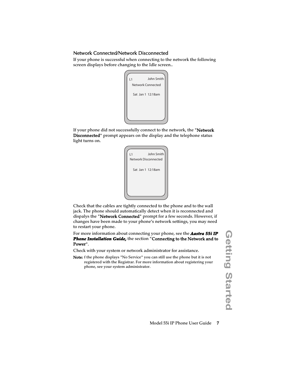 Network connected/network disconnected, Getting started | Aastra Telecom 55i IP Phone User Manual | Page 13 / 152