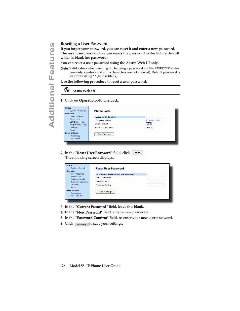 Resetting a user password, Additional features | Aastra Telecom 55i IP Phone User Manual | Page 132 / 152