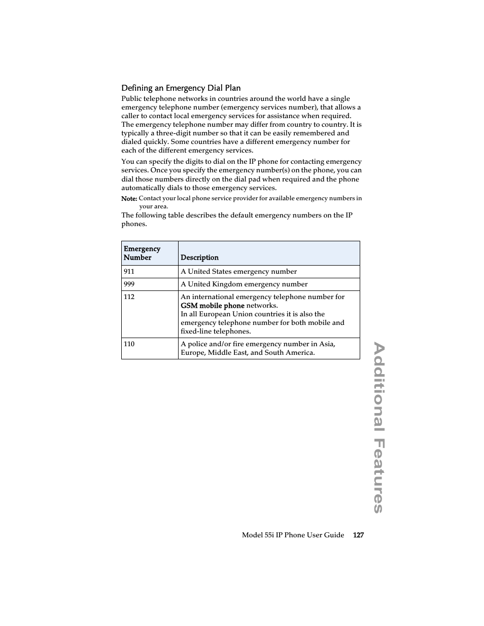 Defining an emergency dial plan, Additional features | Aastra Telecom 55i IP Phone User Manual | Page 133 / 152