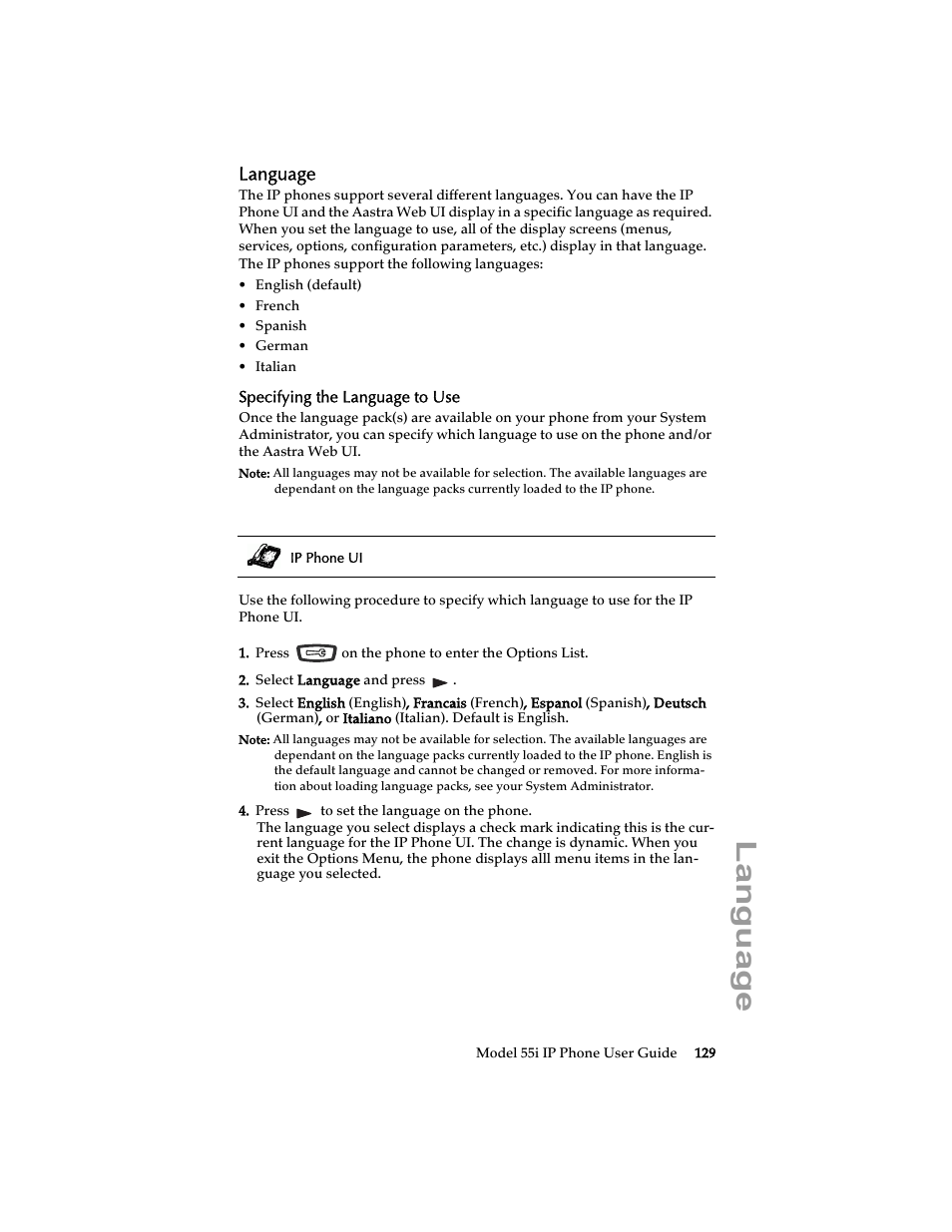 Language, Specifying the language to use | Aastra Telecom 55i IP Phone User Manual | Page 135 / 152