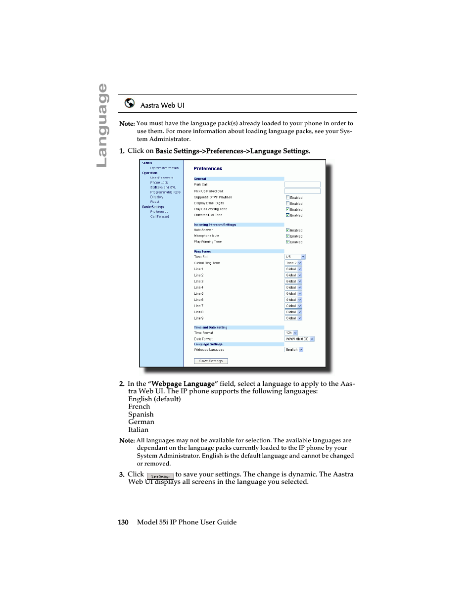 Language | Aastra Telecom 55i IP Phone User Manual | Page 136 / 152
