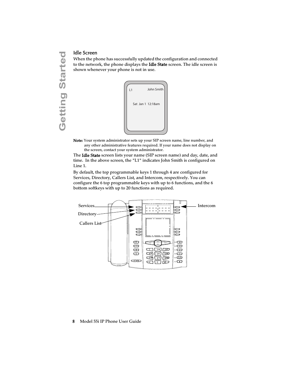 Idle screen, Getting started | Aastra Telecom 55i IP Phone User Manual | Page 14 / 152
